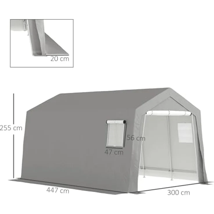 Outsunny Gerätehaus mit Satteldach, wasserdichtes Gerätezelt aus UV-beständigem PE-Gewebe, hellgrau, 300 x 447 x 255 cm, mit Türen und Fenstern – Bild 7