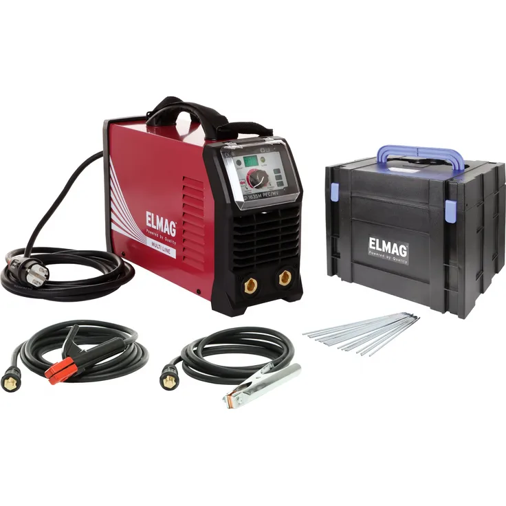 ELMAG Elektroden-Schweißinverter SD 1635M PFC/MV-SET-K, digitaler Schweißstromanzeige, Multivoltage, energiesparend mit PFC-Technologie, inkl. Transportkoffer & Elektroden