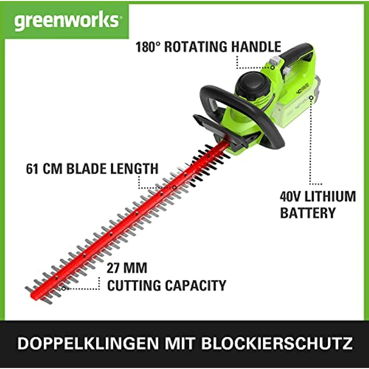 Greenworks Akku-Heckenschere G40HT61K2 (Li-Ion 40 V 61 cm Schnittlänge 27 mm Zahnabstand 3000 Schnitte-min verstellbarerer Zusatzhandgriff mit 2Ah Akku und Ladegerät) – Bild 2