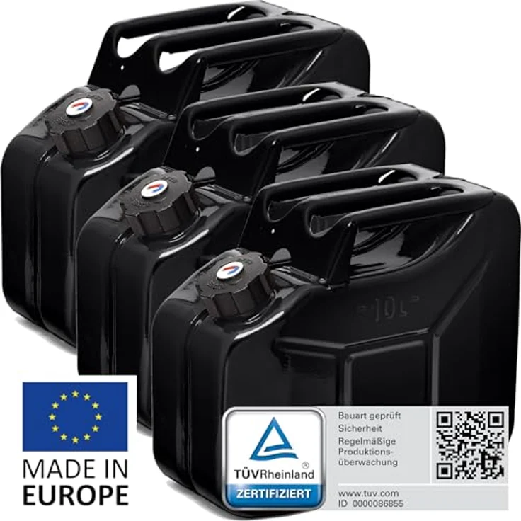 BW® Benzinkanister Metall 3x 10 Liter, Schwarz RAL 9005, TÜV-geprüft, UN-zugelassen, aus 0,9mm Stahl nach DIN 7274, mit Schraubverschluss – Bild 2