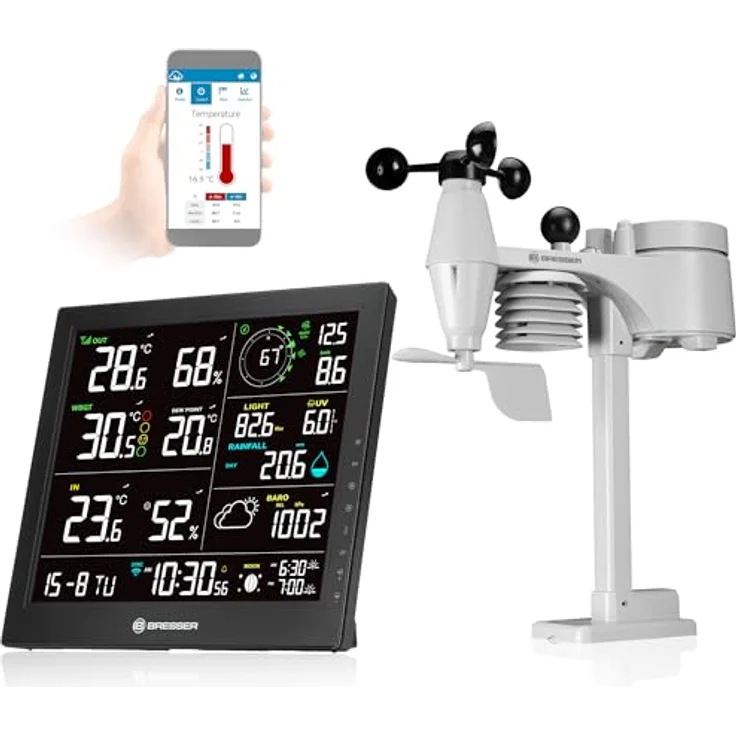 Bresser WLAN-Wetterstation 8-in-1 mit 10"-Display, Außensensor, Windmesser, Regenmesser, UV-Index, WBGT Hitzealarm, Mondphase, Innenhygrometer – Bild 1