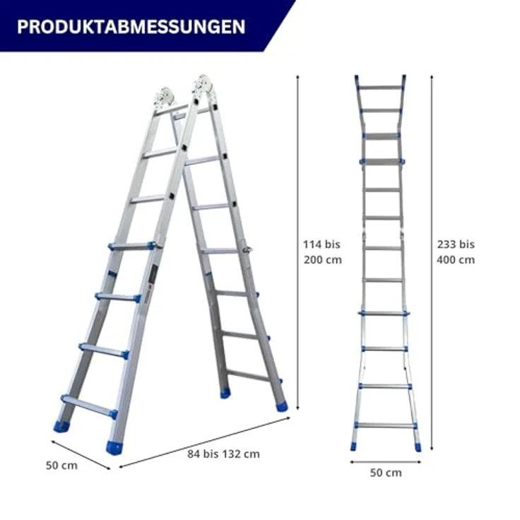 PROREGAL Apollo 3-in-1 Aluminiumleiter, multifunktionale Treppenleiter bis 4m Höhe, Traglast 150kg, silber, klappbar und teleskopierbar – Bild 2