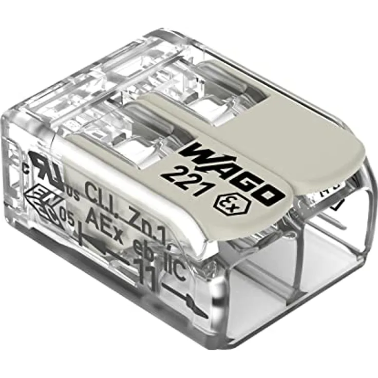 WAGO 221-482 Verbindungsklemme, flexibel für Leiterquerschnitte 0,20-4mm², 2 Polig, transparent/weiß, mit Hebel