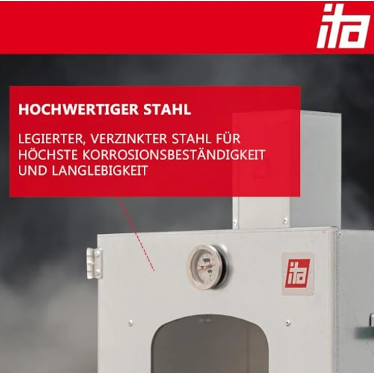 ITA Smoker Räucherofen 7012 - Premium Räucherschrank mit Sichtfenster & Kaminabzug, Legierter Stahl, 3 Etagen – Bild 6