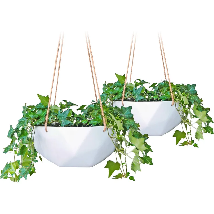 Laren Blumenampel Ø 28 cm Polystone mit Naturseilen 2er-Set Weiß