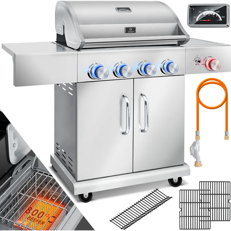 KESSER Gasgrill Master BBQ mit 800°C Infrarot & Grill-Thermometer, LED-Beleuchtung , Keramik 4+1 Brenner aus Edelstahl XXL Grillwagen Grill, Seitenkocher, 5-11 KG Gasflasche Piezozündung Silber - Preisvergleich – Bild 1