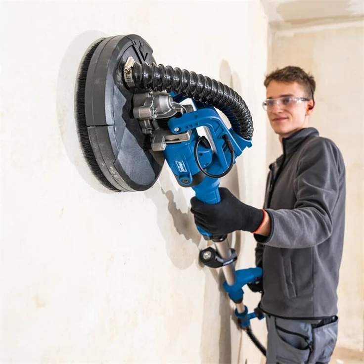 Scheppach Wand & Deckenschleifer DS920X - 710W, Ø225mm, LED-Arbeitsleuchte | bis 90° neigbarer Kopf, teleskopierbarer Trockenbauschleifer | inkl. 4m Absaugschlauch, Absaugadapter & 6 Schleifscheiben – Bild 6