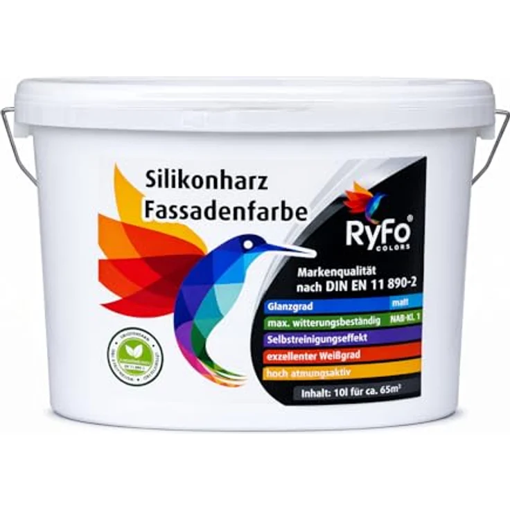 RyFo Colors Silikonharz Fassadenfarbe 10l - hochwertige Silikonharzfassadenfarbe, weiß, Außen-Farbe-Dispersion, wasserabweisend, Abperleffekt, Wetterschutz, hohe Deckkraft, lösemittelfrei – Bild 2