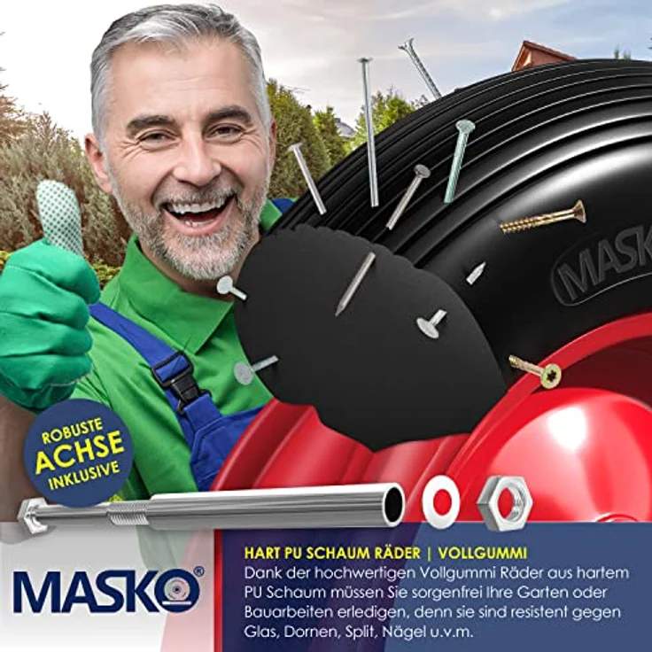 MASKO PU Schubkarrenrad Vollgummi 200 kg pannensicher 4.80-4.00-8 Ø 390mm inkl. Achse Ersatzrad Gummirad Stahlfelge Reifen pannensicher für Schubkarre Gartenkarren pannensicheres PU Rad Schwarz - Rot – Bild 3