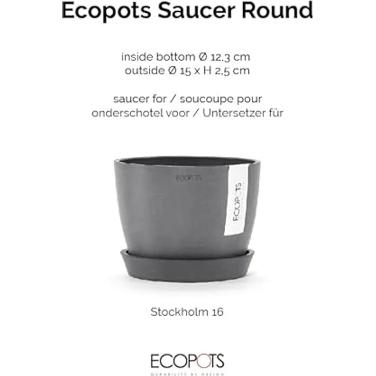 Ecopots Amsterdam Blumentopf-Untersetzer, Ø 15 cm, Höhe 2,5 cm, Kunststoff, grau, für runde Blumenkübel – Bild 2