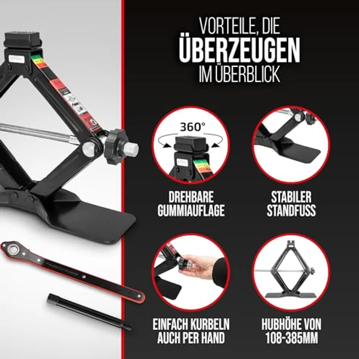 HEYNER Wagenheber Premium Scherenwagenheber 1,5t für BMW, stabile Gummiauflage, extra stabiler Standfuß, Hubhöhe 104-380 mm, Comfort Verlängerung und Ratsche, schwarz – Bild 5