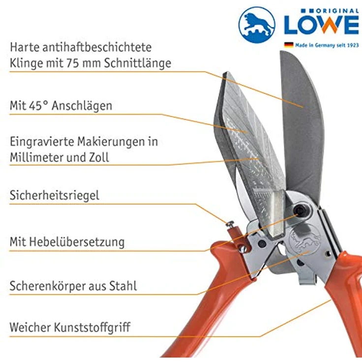 Original LÖWE Gehrungsschere 3.304/HÜ mit Hebelübersetzung und 45° Anschlägen - für präzise Gehrungsschnitte in flache harte Leisten – Bild 3