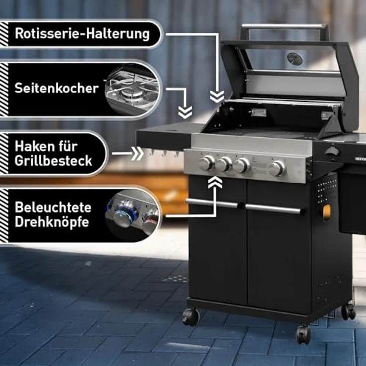 Feuergott Gas-Grillstation Hektor 3B-S mit 3 Hochleistungsbrennern und integriertem Seitenbrenner, inkl. Abdeckhaube – Bild 3