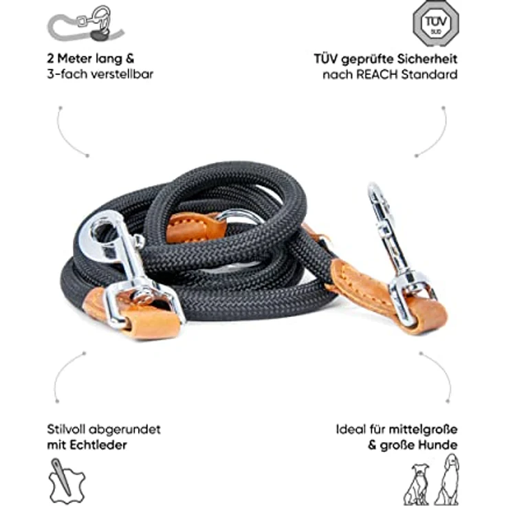 FREUDENTIER® Hundeleine für mittelgroße & große Hunde – 2m Länge & 3-Fach verstellbar - Führleine aus robustem Nylon abgerundet mit stilvollen braunen Lederelementen (schwarz) – Bild 2