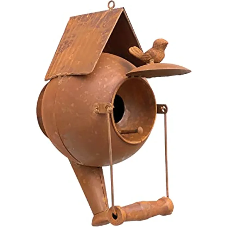 DanDiBo Vogelhaus zum Aufhängen Edelrost Deko Rost Gießkanne Wetterfest 96422 Nistkasten Futterstation für Vögel Shabby mit Kette hängend Metallkanne Kanne Balkon