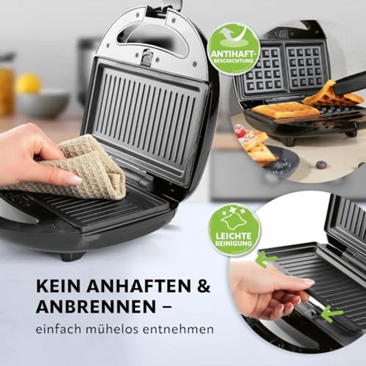 Westfalia Tischgrill Vario 3-in-1, Elektrogrill mit 800 W, Schwarz, 3 austauschbare Platten für Waffeln, Sandwiches und Grillgut – Bild 7