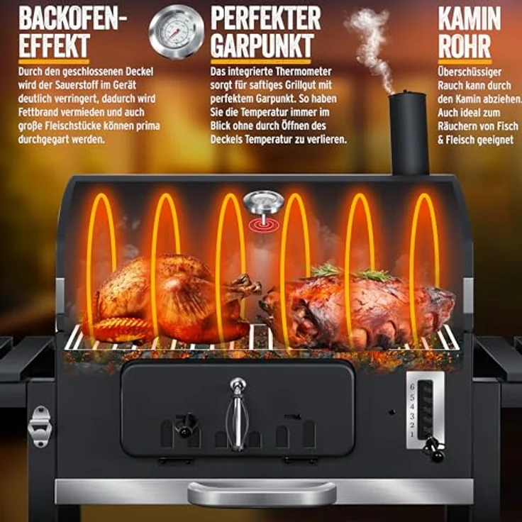 KESSER® Grill Grillwagen XXL Holzkohlegrill mit Deckel, Rädern, Edelstahl-Griff, Thermometer und großem Grillrost, Holzkohle BBQ Barbeque für Camping, Terrasse, Garten in Schwarz – Bild 2