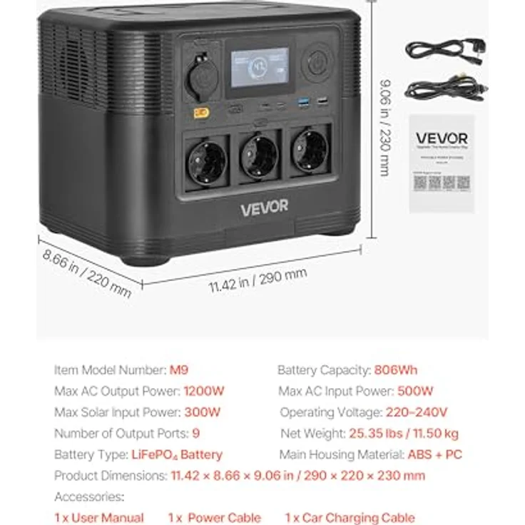VEVOR Tragbare Powerstation M9, 1200W Solargenerator mit 806Wh LiFePO4-Akku und 9 Ausgängen für Camping und Notfälle – Bild 7
