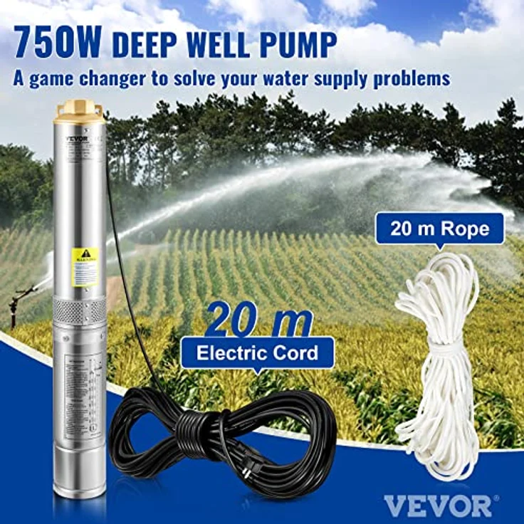 VEVOR 3,5" Tiefbrunnenpumpe 750W Brunnenpumpe 105L/min Tauchpumpe max. Förderhöhe 62m Rohrpumpe 230V 50Hz Sandpumpe IP68 Wasserpumpe mit 20m Kabel Pumpe Ideal zur Bewässerung oder Wasser-Versorgung – Bild 2