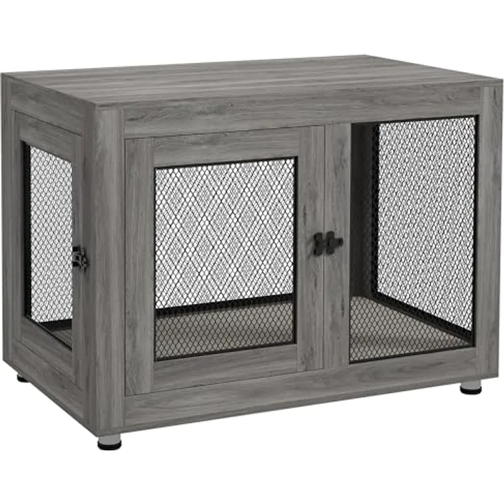 PawHut Hundekäfig für Zuhause, Hundebox mit 2 Türen, Waschbarem Kissen, Verstellbaren Füßen, für große Hunde bis 30 kg, Grau, 94 x 60 x 71,5 cm