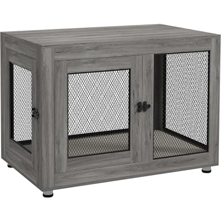 PawHut Hundekäfig für Zuhause, Hundebox mit 2 Türen, Waschbarem Kissen, Verstellbaren Füßen, für große Hunde bis 30 kg, Grau, 94 x 60 x 71,5 cm – Bild 1