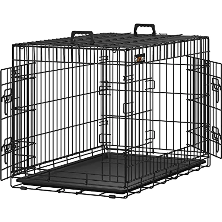 Feandrea Hundekäfig, klappbar, mit 2 Türen, ausziehbare Kunststoffschale, 92,5 x 57,5 x 64 cm, L, schwarz PPD36H
