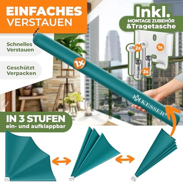 KESSER® Balkonfächer klappbar mit Wandhalterung, 140x140 cm, witterungsbeständiger Sichtschutz und Windschutz, inkl. Montagematerial – Bild 5