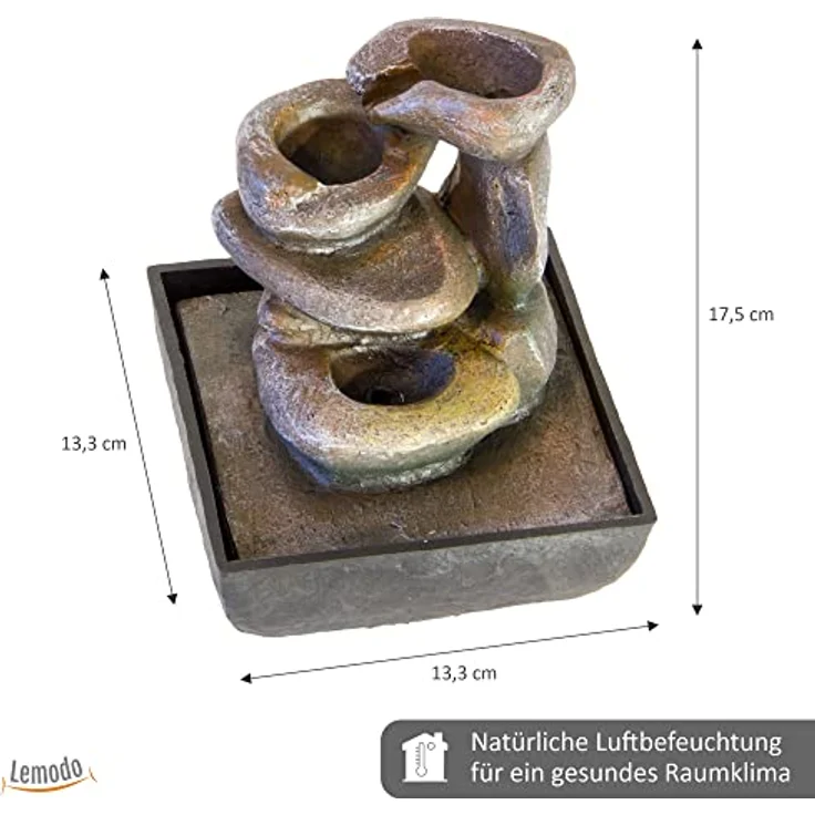 Lemodo Zimmerbrunnen Tischbrunnen Steine, Wasserspiel mit Beleuchtung und Pumpe, 13,30 cm Breite, Braun- und Grau-Töne – Bild 3