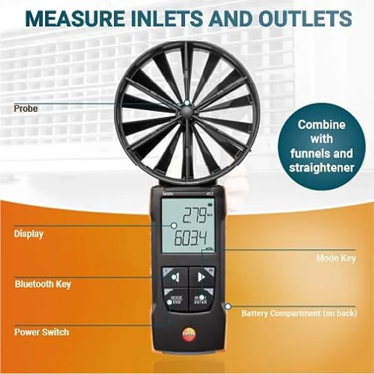 Testo 417-1 Anemometer, Flügelrad-Messgerät für Luftgeschwindigkeiten von 0.3 bis 20 m/s, inkl. 2 Messtrichtern – Bild 2