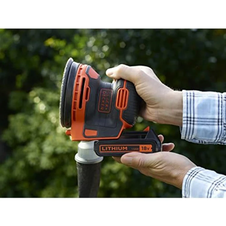 Black+Decker Akku-Exzenterschleifer (18V, 1,5 Ah, zum Schleifen-Polieren, Ergonomisches Griffdesign, inkl. Akku, Ladegerät, Schleifgitter (K80) und Werkzeugtasche, BDCROS18, 90 W) – Bild 8