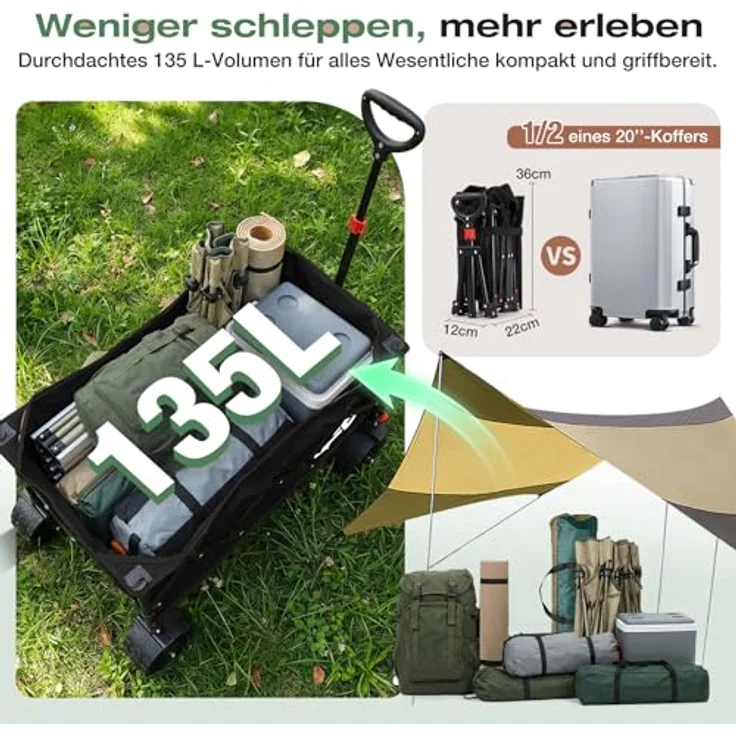 Sekey XXL Bollerwagen, Faltbar 135L, 150KG belastbar, leichte All-Terrain-Räder mit Bremse, patentierter 4-Wege-Sofortaufbau, Schwarz – Bild 5