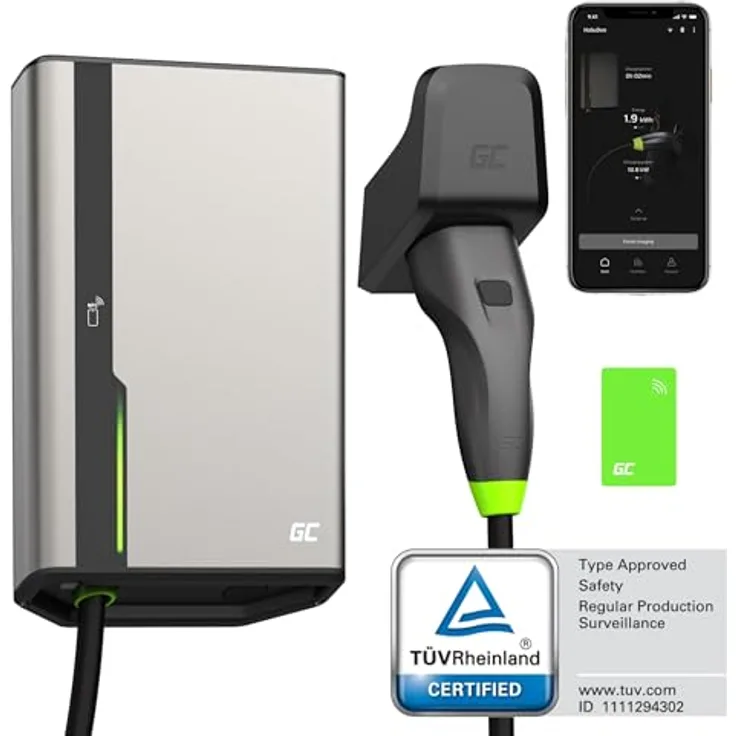 GreenCell GC EVGC021B2275, Elektroauto Ladestation Wallbox, 3,6 - 22 kW, 7,5 m Kabellänge, NFC, Typ 2 Anschluss, 32 A, IP54, IK10 Schutz