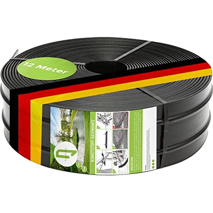 TerraUno - Kunststoff Rasenkante 12 Meter - Breite 120mm I Stärke 3mm I Rasenabgrenzung & Beeteinfassung I Flexible Rasenkante aus Kunststoff mit verstärktem Profil für stabilen Halt