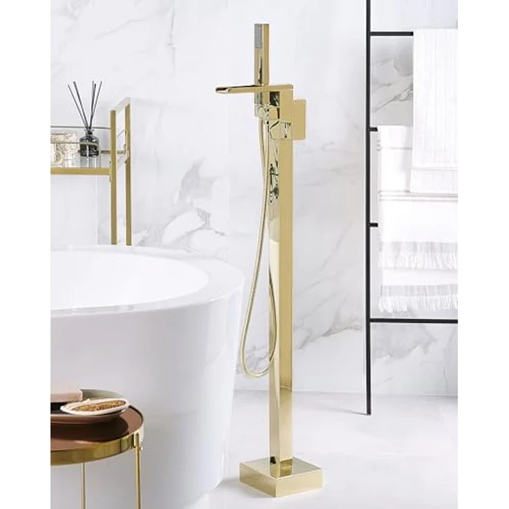 Beliani Badewannenarmatur freistehend, glänzend Gold, Edelstahl mit Einhebelhandmischer und Standhandbrause – Bild 2