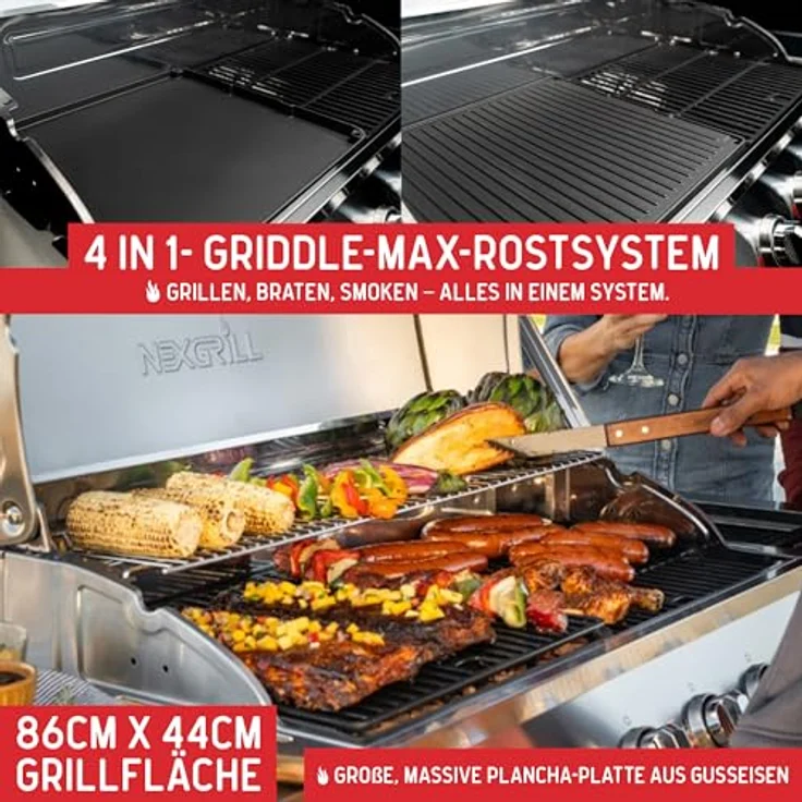 Nexgrill Gourmet Pro 6-Brenner Gasgrill mit Keramik-Seitenbrenner, Plancha Griddle-Max System, porzellanbeschichtetem Gusseisenrost und Edelstahlbrennern, 18,6 kW Leistung – Bild 4