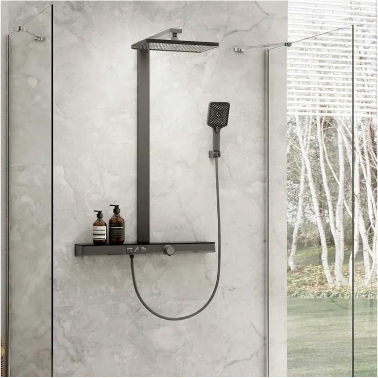 EMKE Duschsystem Design Duschset mit Thermostat 38℃ Sicherheitsschlösser, Regendusche, Wasserfall-Auslauf, Handbrause, Mattschwarz