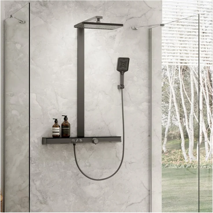 EMKE Duschsystem Design Duschset mit Thermostat 38℃ Sicherheitsschlösser, Regendusche, Wasserfall-Auslauf, Handbrause, Mattschwarz