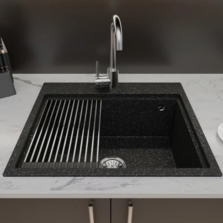 QLS Küchenspüle Comfort 0.0L, Granit-Spülbecken, 58x49,5cm mit Siphon, langlebig und kratzfest, Schwarz – Bild 7