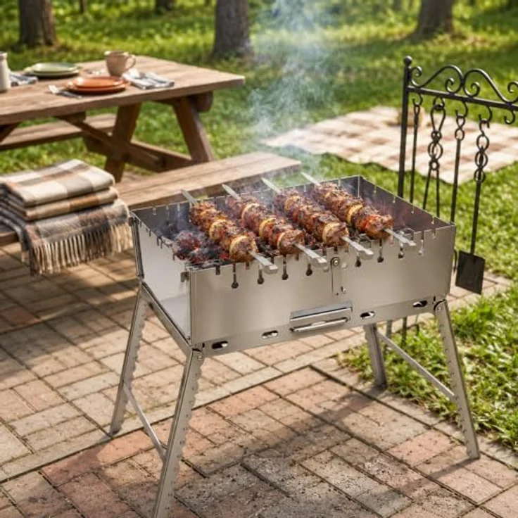 GOROCH Mangal Grill für 10 Spieße, klappbarer Schaschlikgrill aus 2 mm Edelstahl mit Faltbeinen, für Camping & Outdoor, kompakt 50 × 30 × 6 cm – Bild 3
