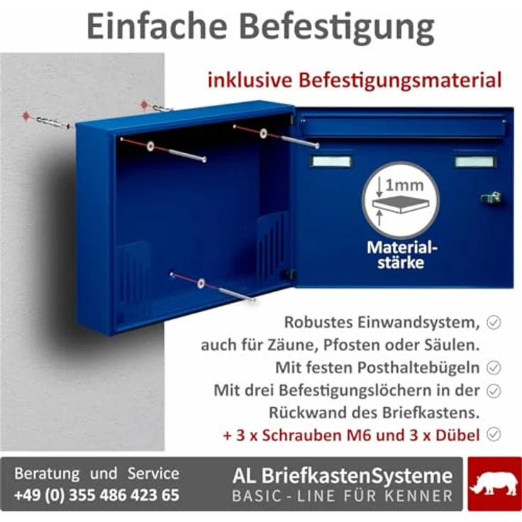 AL Briefkastensysteme Briefkasten blau RAL 5010 Basic 1er Briefkasten mit Namensschild und Schloss 1 Fach DIN A4 wetterfest - Postkasten Mailbox  – Bild 4