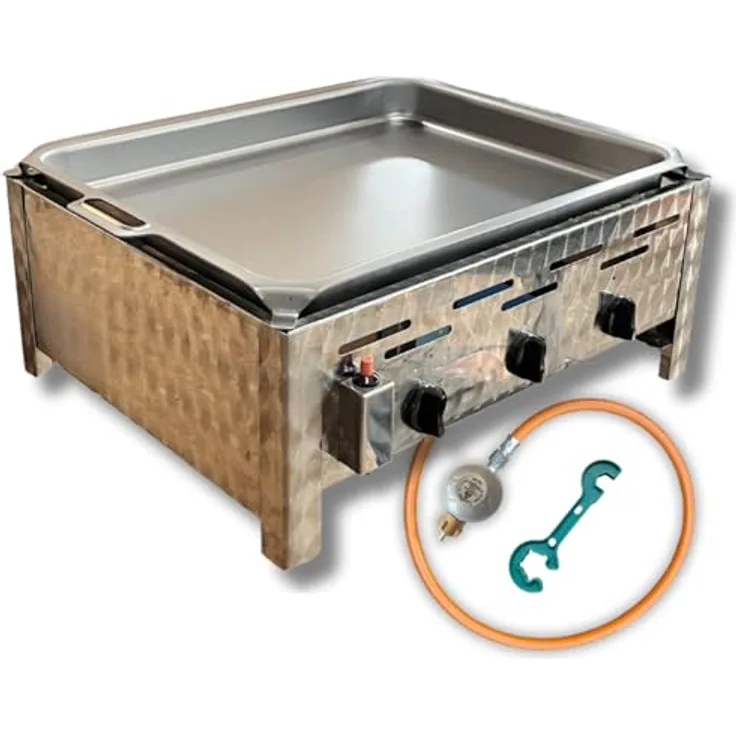 Bluecraft Edelstahl Gastrobräter 3-flammig mit Pfanne, 10,8 kW Leistung, inkl. Gasschlauch, Druckminderer & Gasflaschenschlüssel, Made in Germany