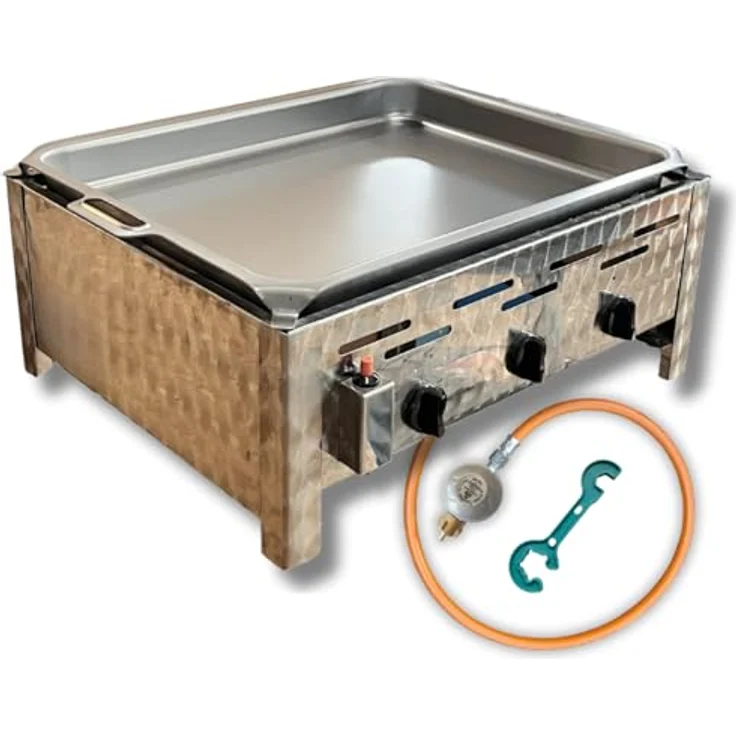 Bluecraft Edelstahl Gastrobräter 3-flammig mit Pfanne, 10,8 kW Leistung, inkl. Gasschlauch, Druckminderer & Gasflaschenschlüssel, Made in Germany – Bild 1