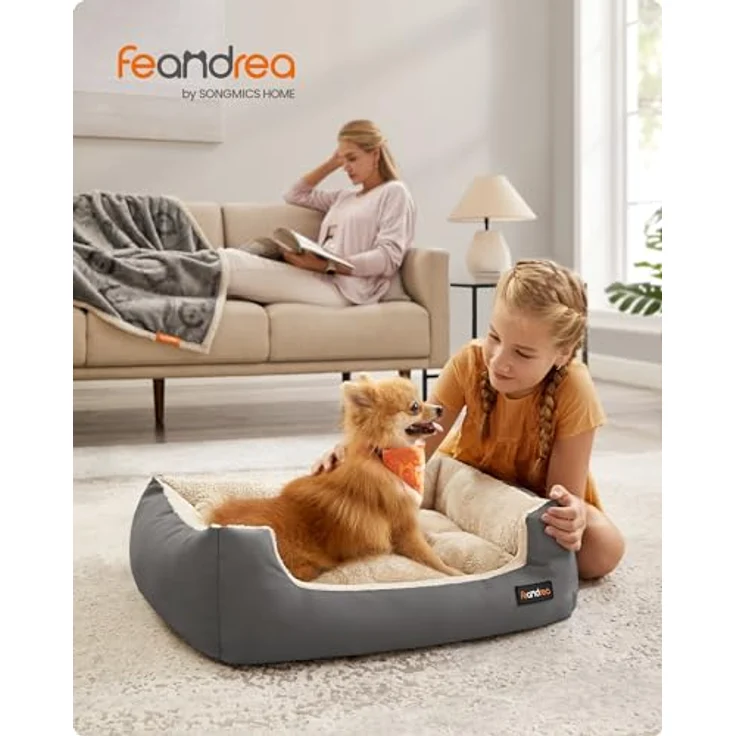 Feandrea Hundebett, Hundekorb mit Wendekissen, 70 x 55 x 21 cm, grau, tiergerechte Materialien, erhöhte Ränder, hypoallergene Füllung – Bild 2