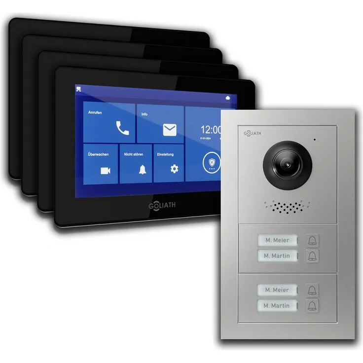 Goliath Intercom Video-Türsprechanlage Basic-Line 7-Zoll Monitor mit FullHD Kamera, 4-Familienhaus, Weiß/Silber, 2-Draht-Technologie