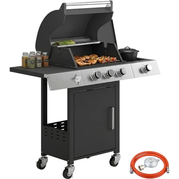Outsunny Gasgrill 10,5 KW 3+1 Brenner, BBQ Grillwagen aus Edelstahl mit Seitenbrenner, Flaschenöffner, Thermometer, Gusseisen-Grillrost und Warmhalterost, mobil mit Rollen, ideal für Balkon und Partys
