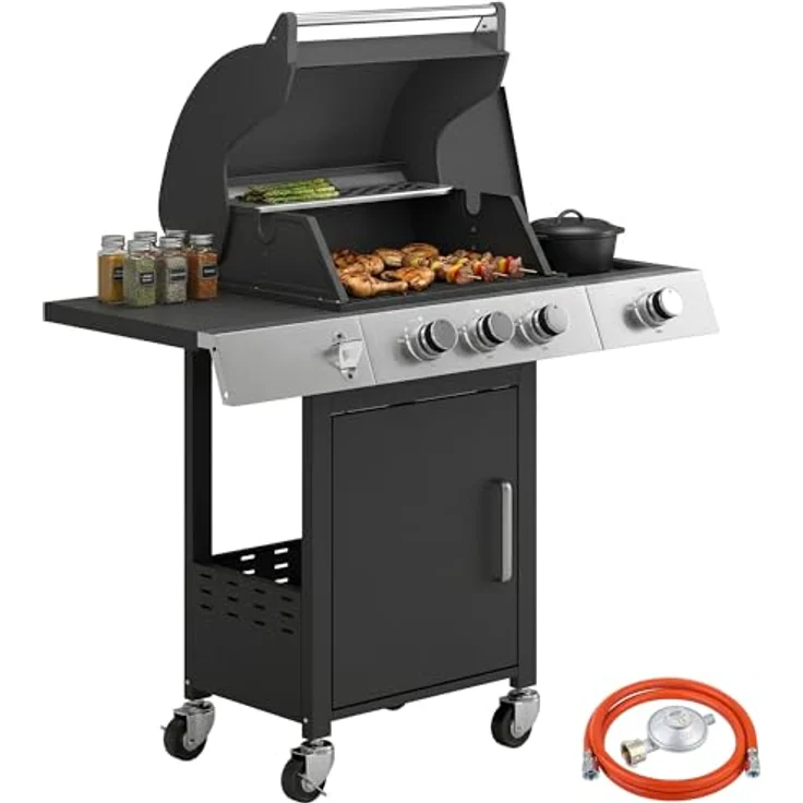 Outsunny Gasgrill 10,5 KW 3+1 Brenner, BBQ Grillwagen aus Edelstahl mit Seitenbrenner, Flaschenöffner, Thermometer, Gusseisen-Grillrost und Warmhalterost, mobil mit Rollen, ideal für Balkon und Partys – Bild 1