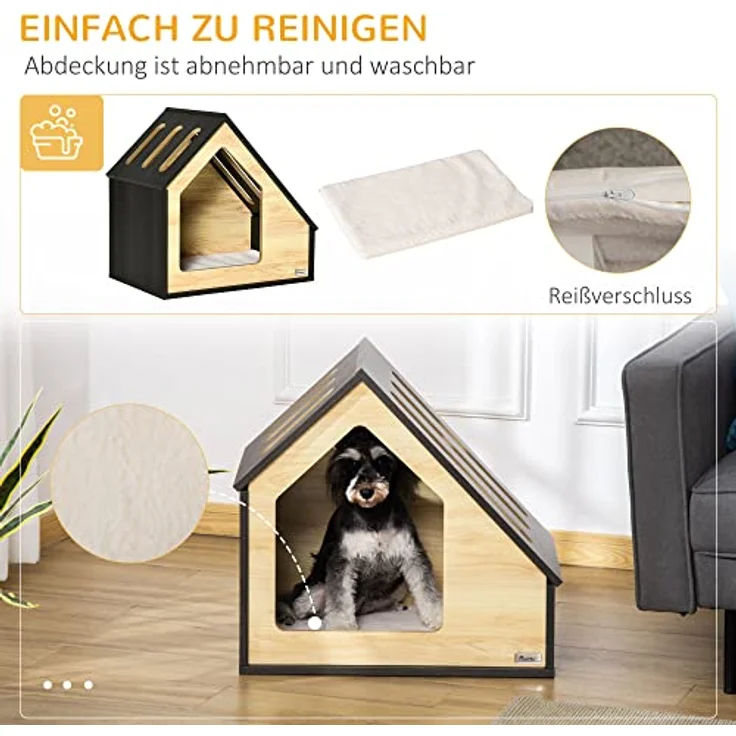 Pawhut Hundehütte aus Holz Indoor Katzenhöhle Katzenhaus Hundeschlafplatz mit Kissen Hundehaus Hundehöhle mit schrägem Dach für kleine Hunde bis 8 kg 60 x 40 x 59,2 cm - Preisvergleich – Bild 4