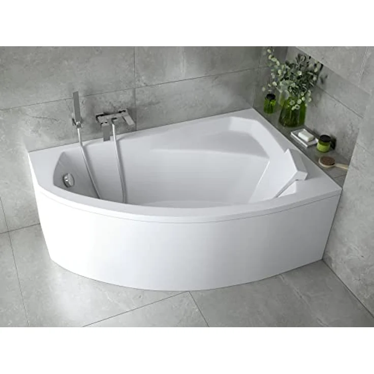 Besco BADLAND Eckbadewanne RIMA 140x90 Rechts, Weiß Acryl, Komplettset mit Chrom Automatik Ablaufgarnitur, inklusive Acrylschürze und Füßen, Made in EU 4in1 – Bild 2