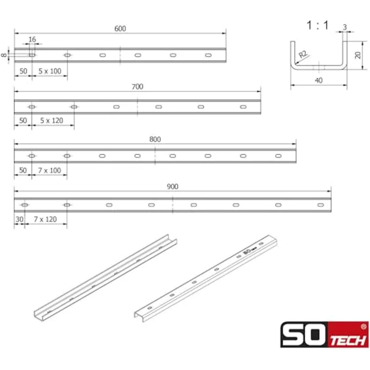 SOTECH 3 Stück Gratleisten U-Form, 600 x 40 x 20 mm, Schwarz, stabile Stahlverbindung für Tischplatten – Bild 5