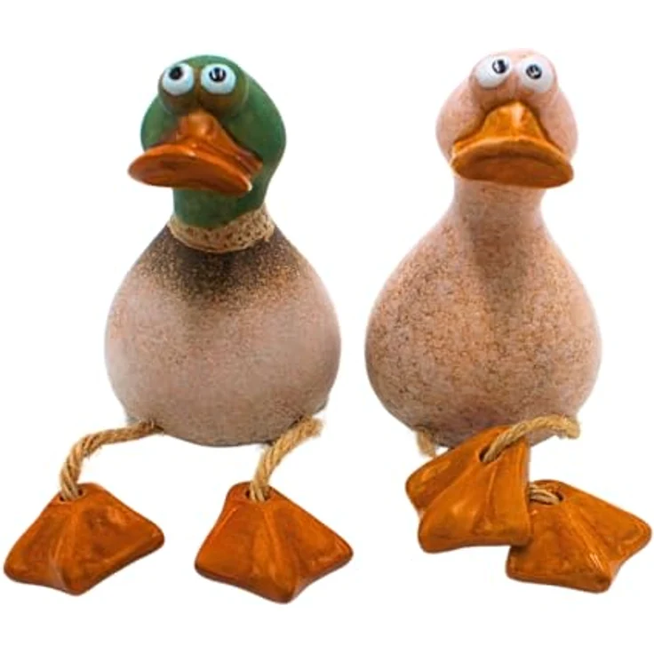 Dekohelden24 2er Set Kantenhocker Ente, Deko-Enten aus Steingut in Braun, Gartenfigur L/B/H 6 x 7 x 10 cm – Bild 1